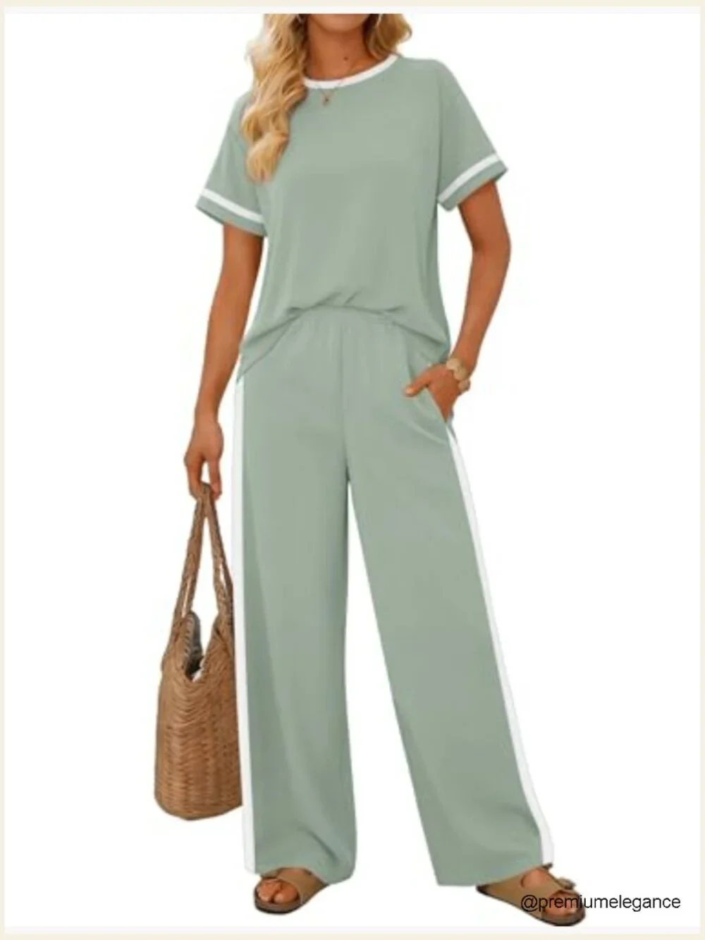 2 Piece Matching Set Short Sleeve Top Wide Leg Pants with Pockets Lounge Set